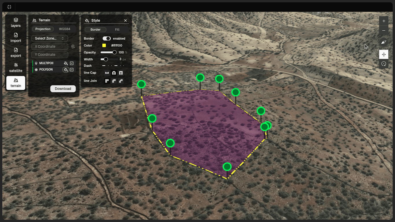 Topography platform dashboard showing 3D terrain visualization and mapping tools